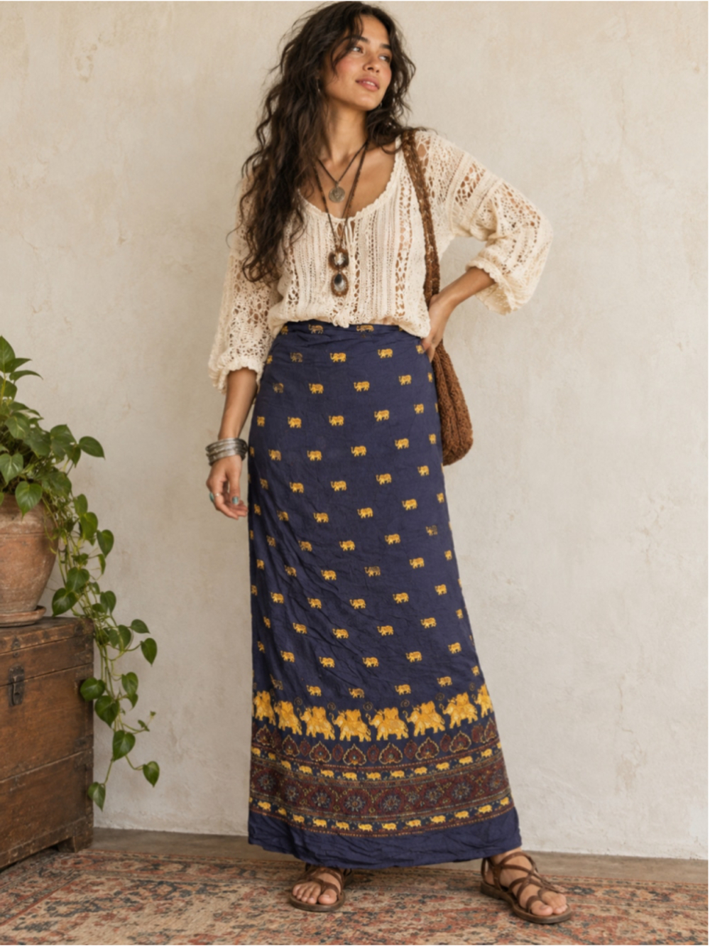 Vintage 90s Bohemian Elephant Print Maxi Wrap Skirt Navy Blue Gold Trim M/L